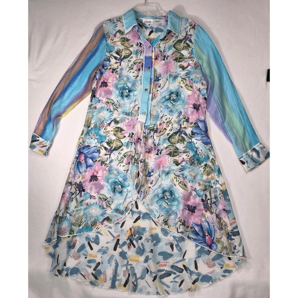 Paris Hues Colorful Floral Button Duster Tunic Blouse Cover-up Top Art Flowy S